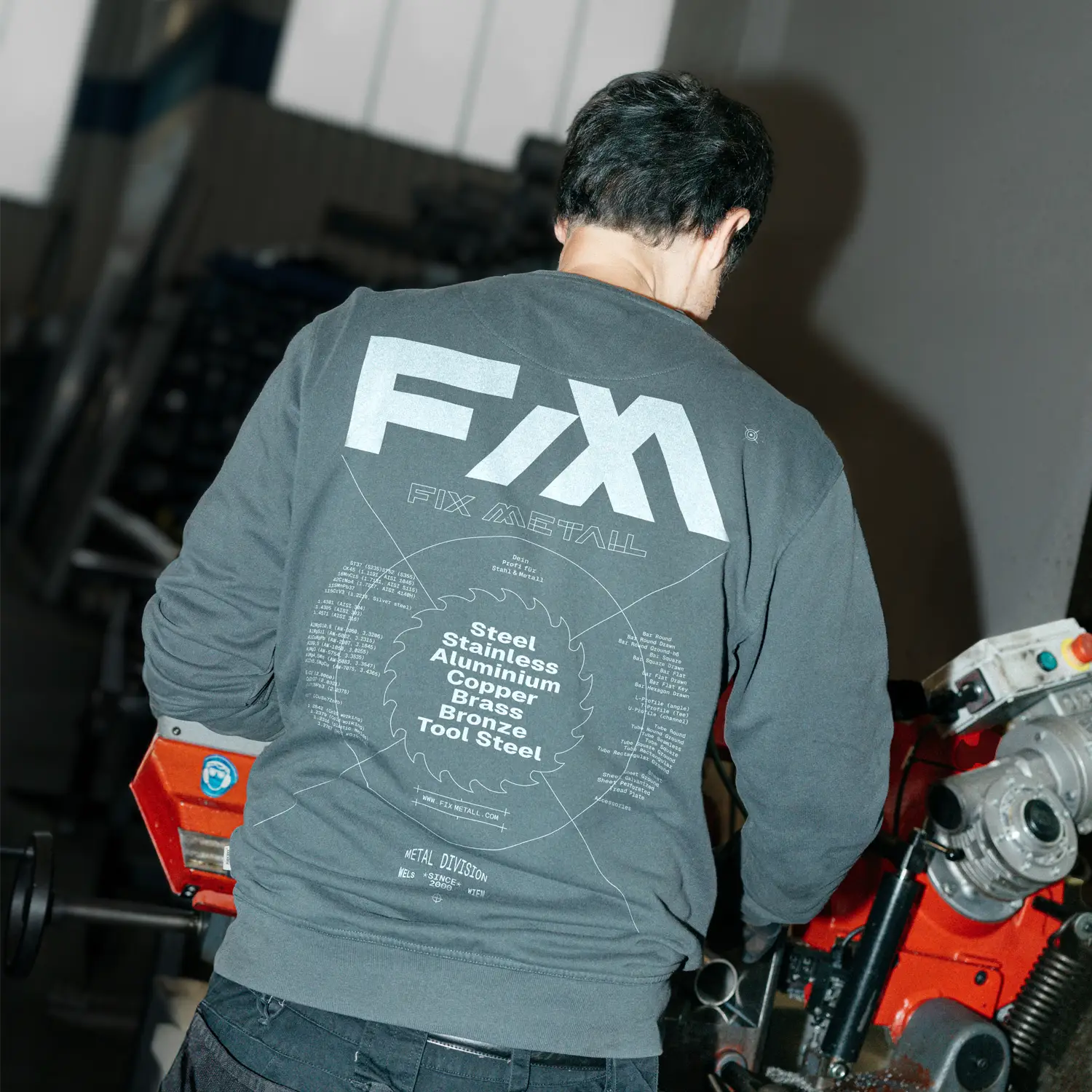 Person wearing a blue sweater with 'FIX METALL' print.